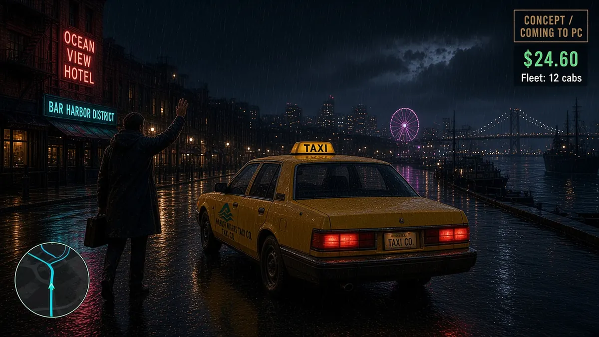 Harbor Nights Taxi Co. (GTA 6 mod (PC, concept / coming to PC)) - gameplay: driving a yellow taxi at night in the rain with fare meter HUD