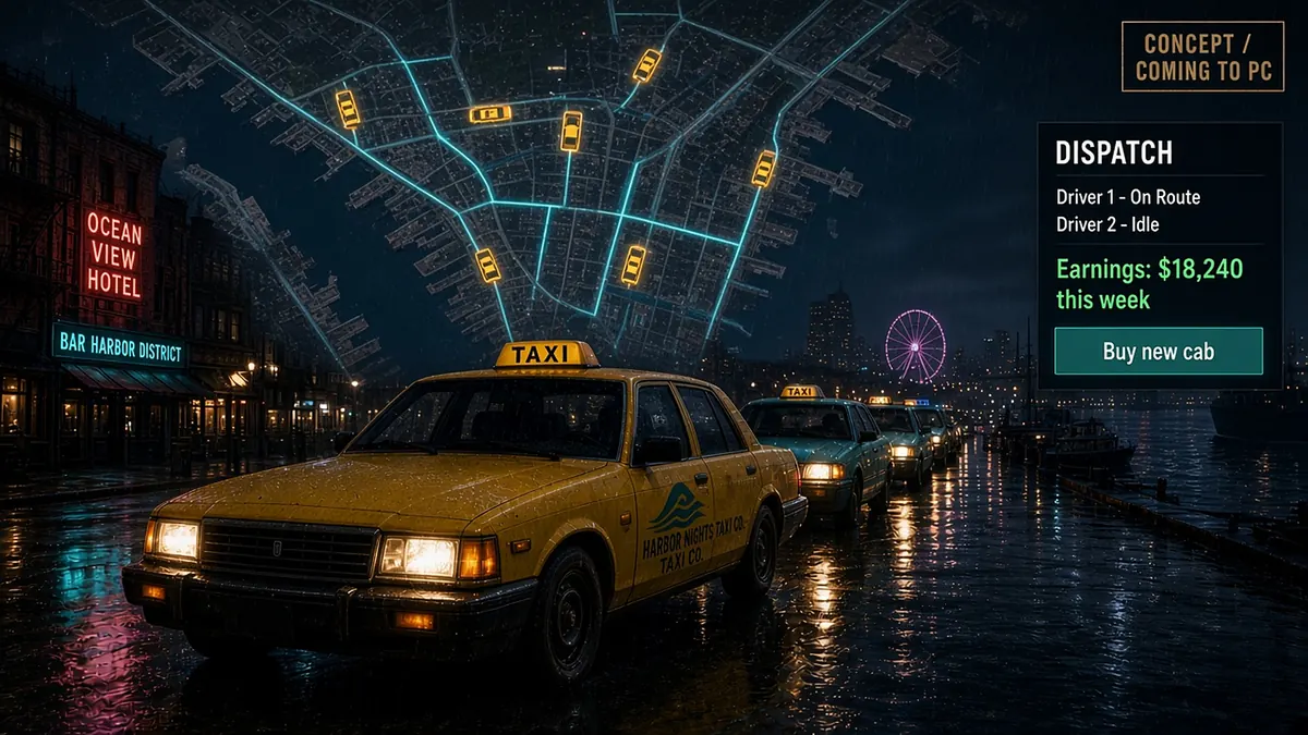 Harbor Nights Taxi Co. (GTA 6 mod (PC, concept / coming to PC)) - dispatch screen: city map with taxi route overlay above a line of waiting cabs on the wet harbor road