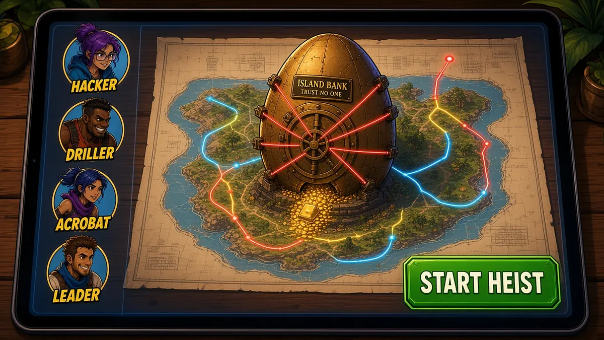 Shellshock Heist (Fortnite island (UEFN)) - tablet planning screen: island heist map with routes around the egg vault, crew role portraits and START HEIST button
