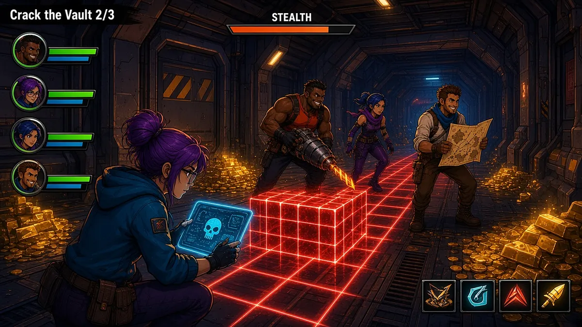 Shellshock Heist (Fortnite island (UEFN)) - gameplay: crew member at a laser-grid security room inside the vault complex, objective HUD