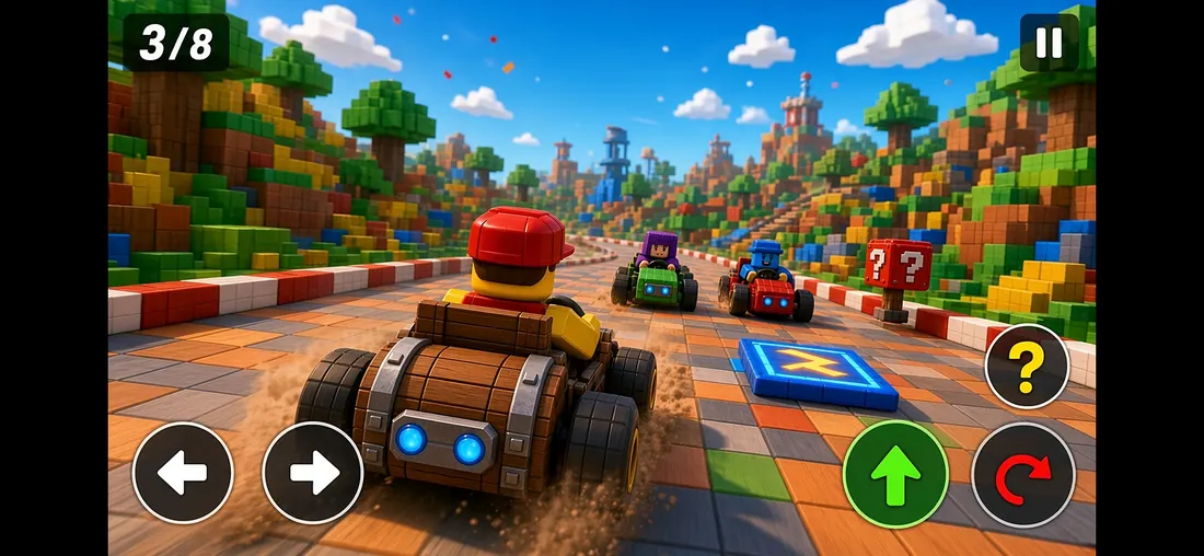 Keg Kart Chaos (Roblox game) - mobile gameplay: barrel kart racing with left/right steering, accelerate, item and drift touch buttons, lap 3/8