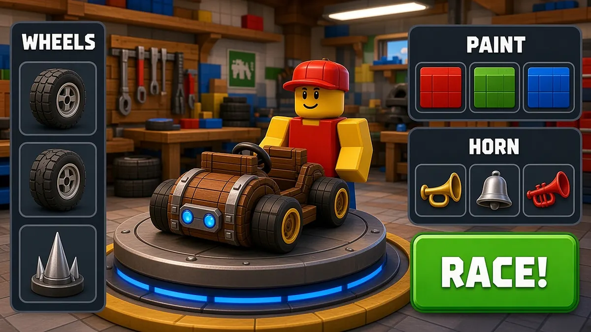 Keg Kart Chaos (Roblox game) - tablet garage: barrel kart on a turntable with wheels, paint and horn customisation panels and a RACE! button