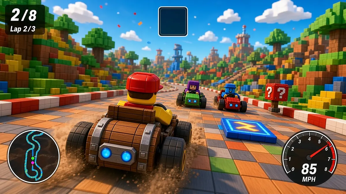 Keg Kart Chaos (Roblox game) - gameplay: third-person barrel kart race on a blocky track, lap counter, boost pad and item boxes