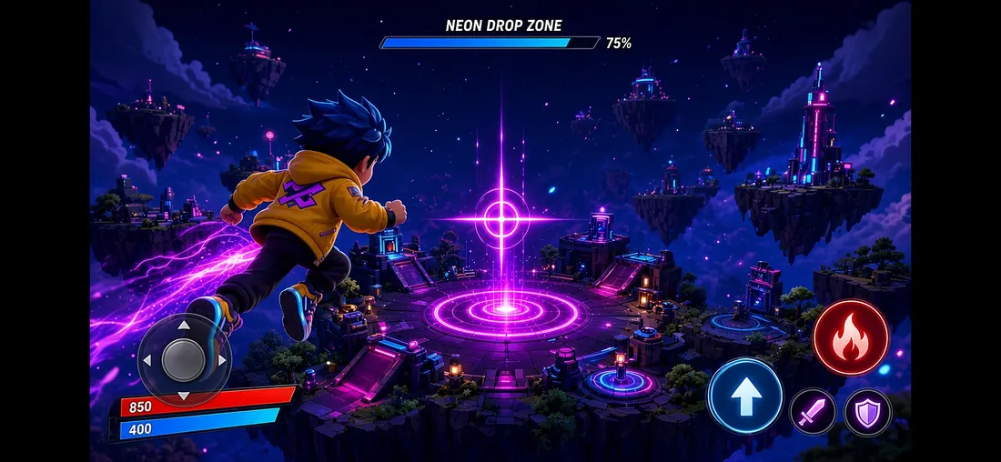 Neon Drop Zone (Fortnite island (UEFN)) - mobile gameplay: player gliding toward a pink drop target, joystick, health/shield bars and ability buttons