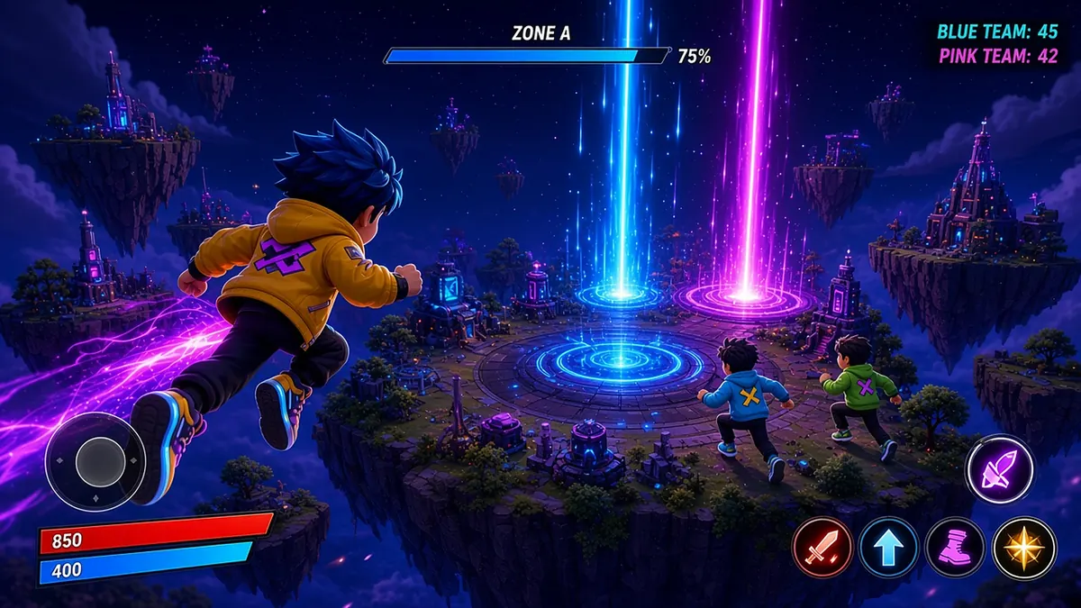 Neon Drop Zone (Fortnite island (UEFN)) - tablet gameplay: team capture of Zone A on a floating island, blue vs pink team score, joystick and ability buttons