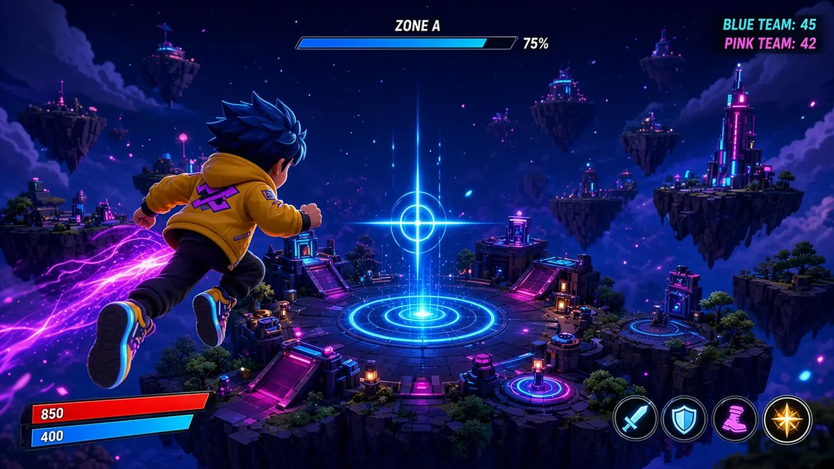 Neon Drop Zone (Fortnite island (UEFN)) - gameplay: hooded player gliding toward a glowing drop zone on floating neon islands, capture progress bar