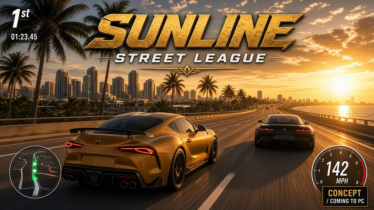 Sunline Street League (GTA 6 mod (PC, concept / coming to PC)) - gameplay: chase-cam street race at golden hour past a coastal skyline, speedometer and minimap HUD