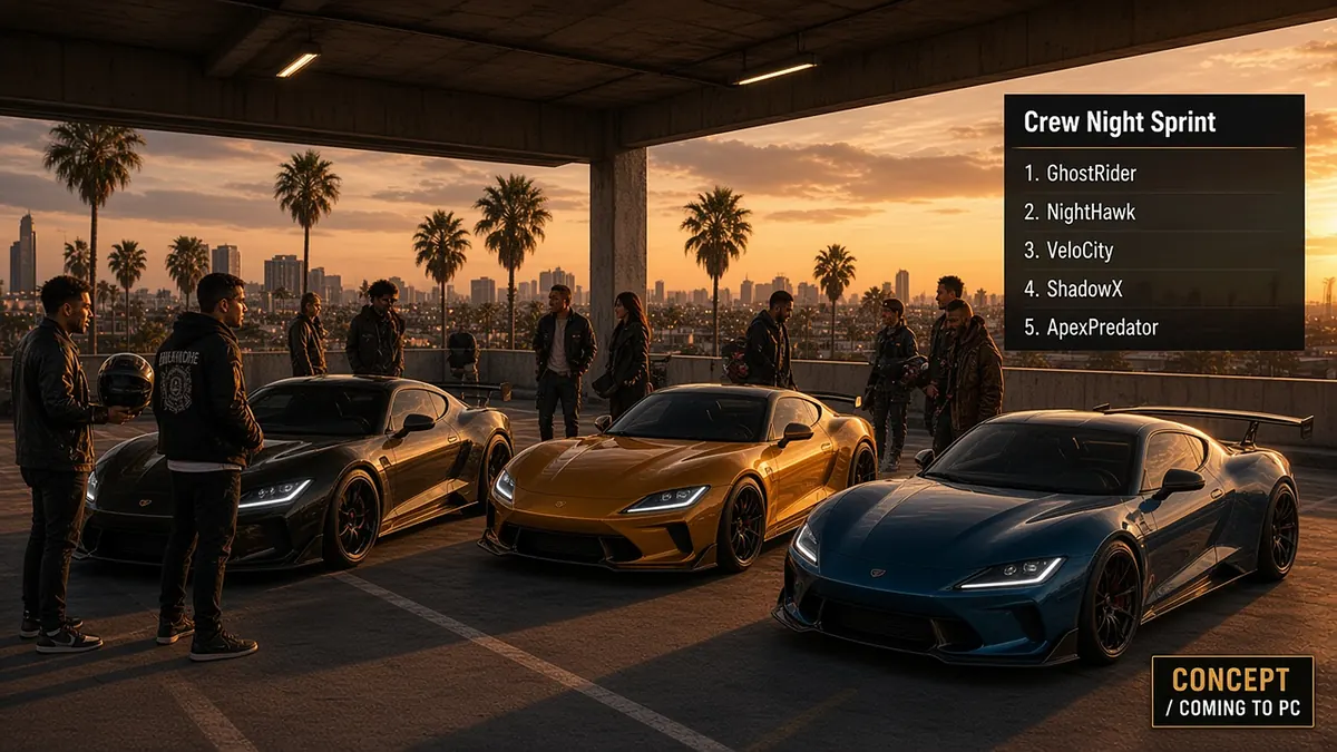 Sunline Street League (GTA 6 mod (PC, concept / coming to PC)) - car meet: original sports cars parked under a dusk canopy with an event/ride menu panel