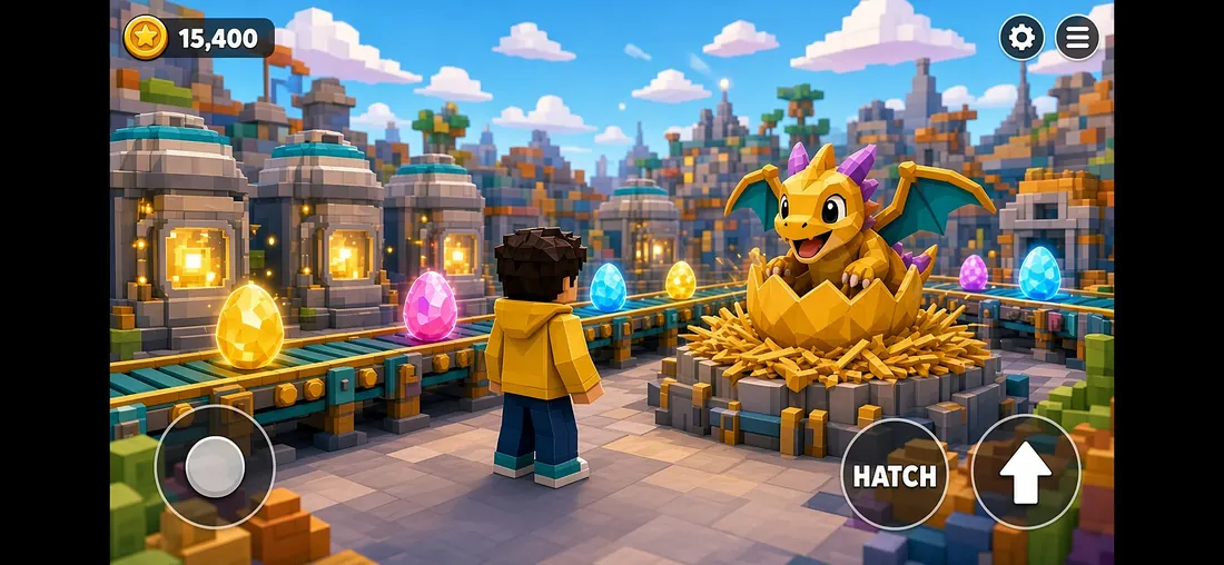 Yolk Tycoon: Hatchery Rush (Roblox game) - mobile gameplay: avatar in a yellow hoodie by a hatching golden dragon, virtual joystick, HATCH and jump buttons