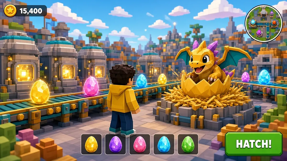 Yolk Tycoon: Hatchery Rush (Roblox game) - gameplay: voxel hatchery with egg conveyor, a golden dragon hatching from a nest, coin counter and HATCH button